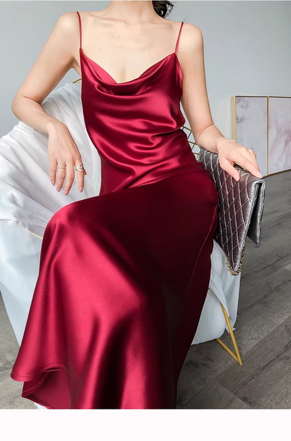 Burgundy Spaghetti Straps Satin Long Birthday Party Dress YM2442