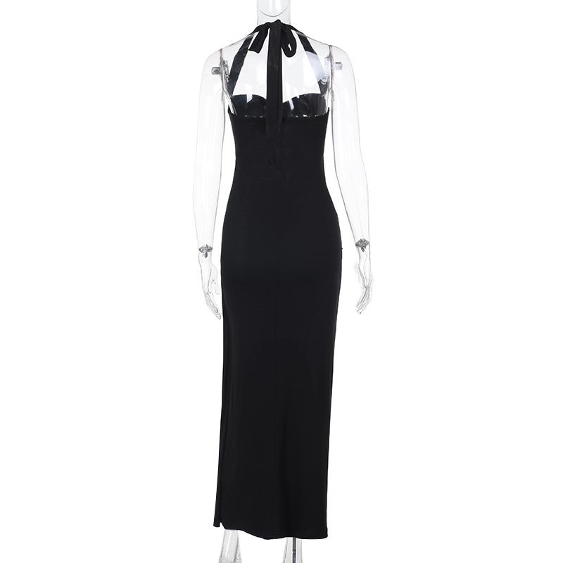 Black Metal Rose Sexy Hollow Halter Neck Party Dress Long Holiday Dress Women Dress YM2211