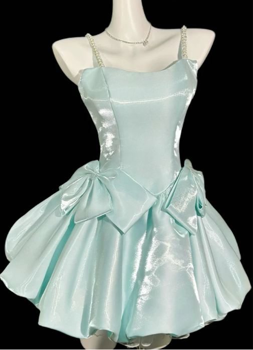 Pretty Mint Green Spaghetti Strap Satin Beaded A Line Short Birthday Dress Cocktail Dress YM2465