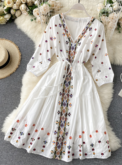 A Line V Neck Embroidery Summer Dress  YM442