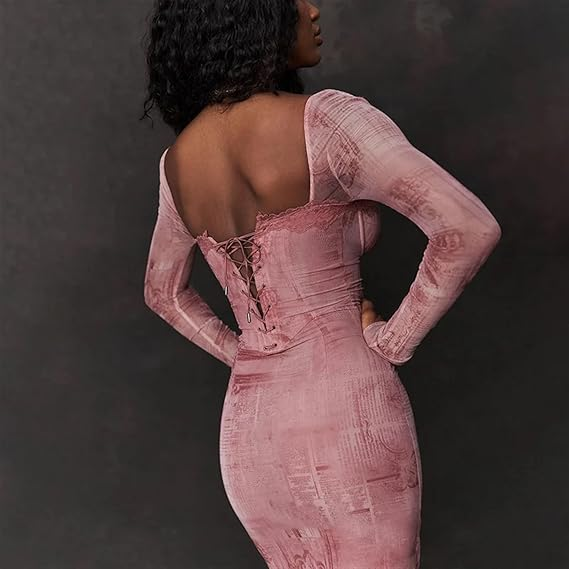 women's square neck printed long sleeve dress YM850