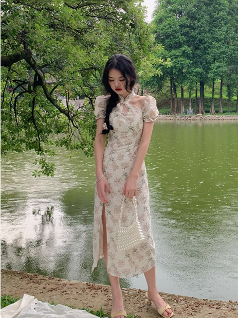 Cheongsam embroidered dress sweet tea break halter neck long prom dress YM1962