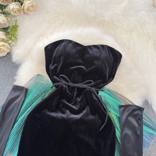 Retro black velvet tube bow bodycon long dress YM1001