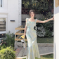 Romantic style green smudged flower ribbon suspender dress YM1158