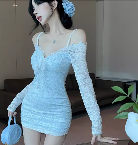 Sexy One Shoulder White Lace Sheath Short Vacation Dress Holiday Dress YM2338