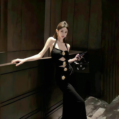 Black Metal Rose Sexy Hollow Halter Neck Party Dress Long Holiday Dress Women Dress YM2211