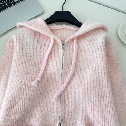 Sweet And Versatile Knitted Cardigan With Loose Hood And Zip-up Pockets YM2425