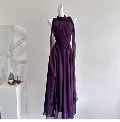 Retro White Halter Chiffon Long Vacation Dress Birthday Dress  YM2078