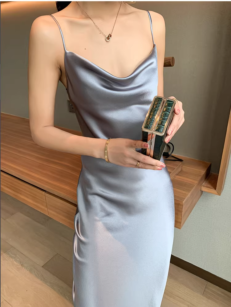 Elegant Silver Gray Spaghetti Straps Satin Long Party Dress Birthday Dresses YM2439