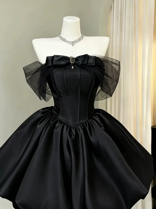 Classy Black Bow Off The Shoulder Satin A Line Short Prom Dress Mini Birthday Dress YM2462