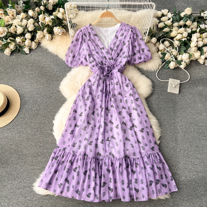 printed puff sleeve chiffon dress YM1243