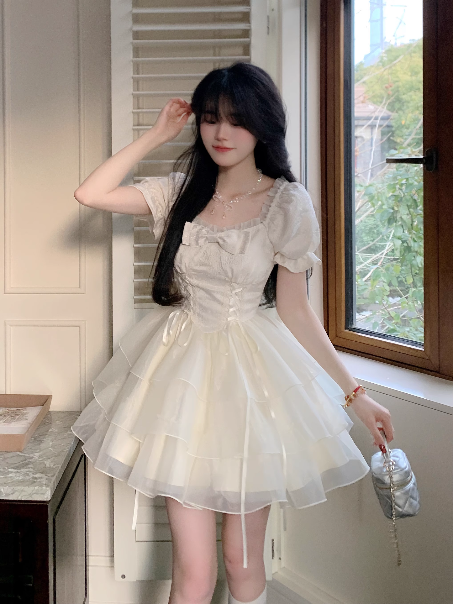 Sweet Apricot Princess Style Bowknot Organza Short Dress Puff Birthday Party Dress YM2031