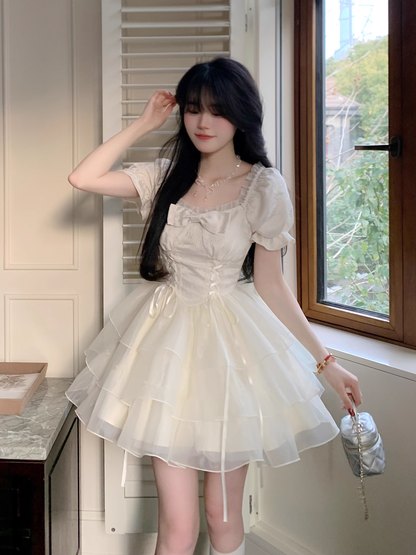 Sweet Apricot Princess Style Bowknot Organza Short Dress Puff Birthday Party Dress YM2031