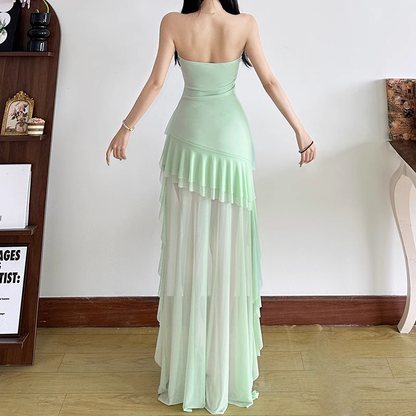 Pretty Mint Green Strapless Chiffon Ruffle Vacation Dress Long Holiday Dress YM2194