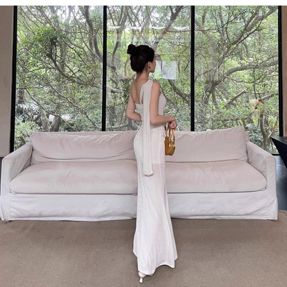 Classy White One Shoulder Sheath Long Birthday Dress Holiday Dress YM2269