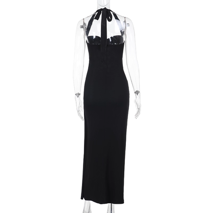Black Sexy Hollow Halter Neck Sheath Long Holiday Dress Birthday Dress YM2219