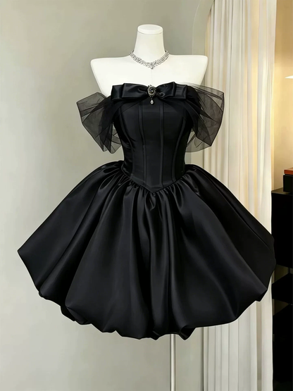 Classy Black Bow Off The Shoulder Satin A Line Short Prom Dress Mini Birthday Dress YM2462