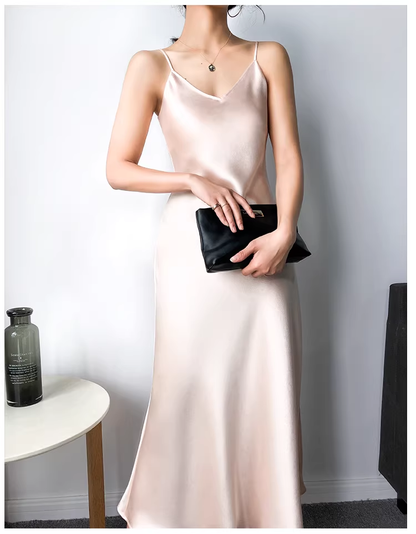 Fashion Spaghetti Straps V Neck Navy Blue Satin Mermaid Long Birthday Party Dress YM2432
