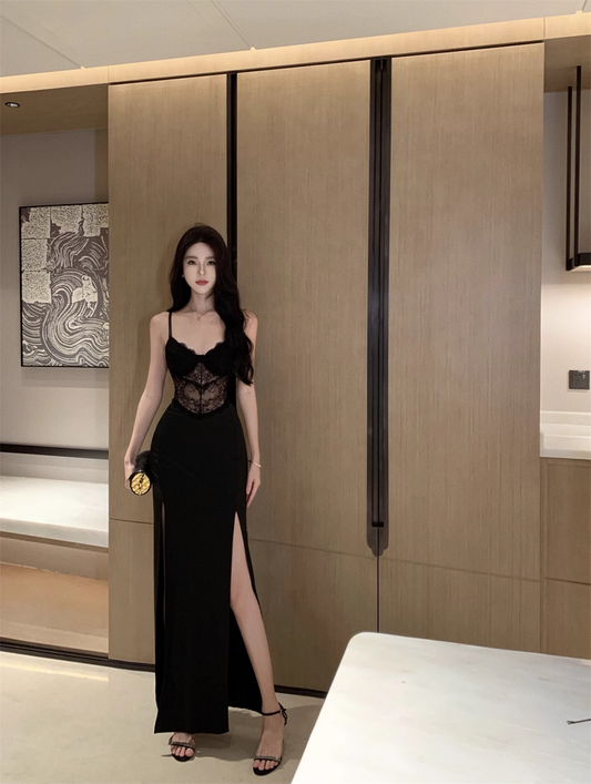 Vintage black lace stitching high slit sexy straps party dress evening dress YM1966