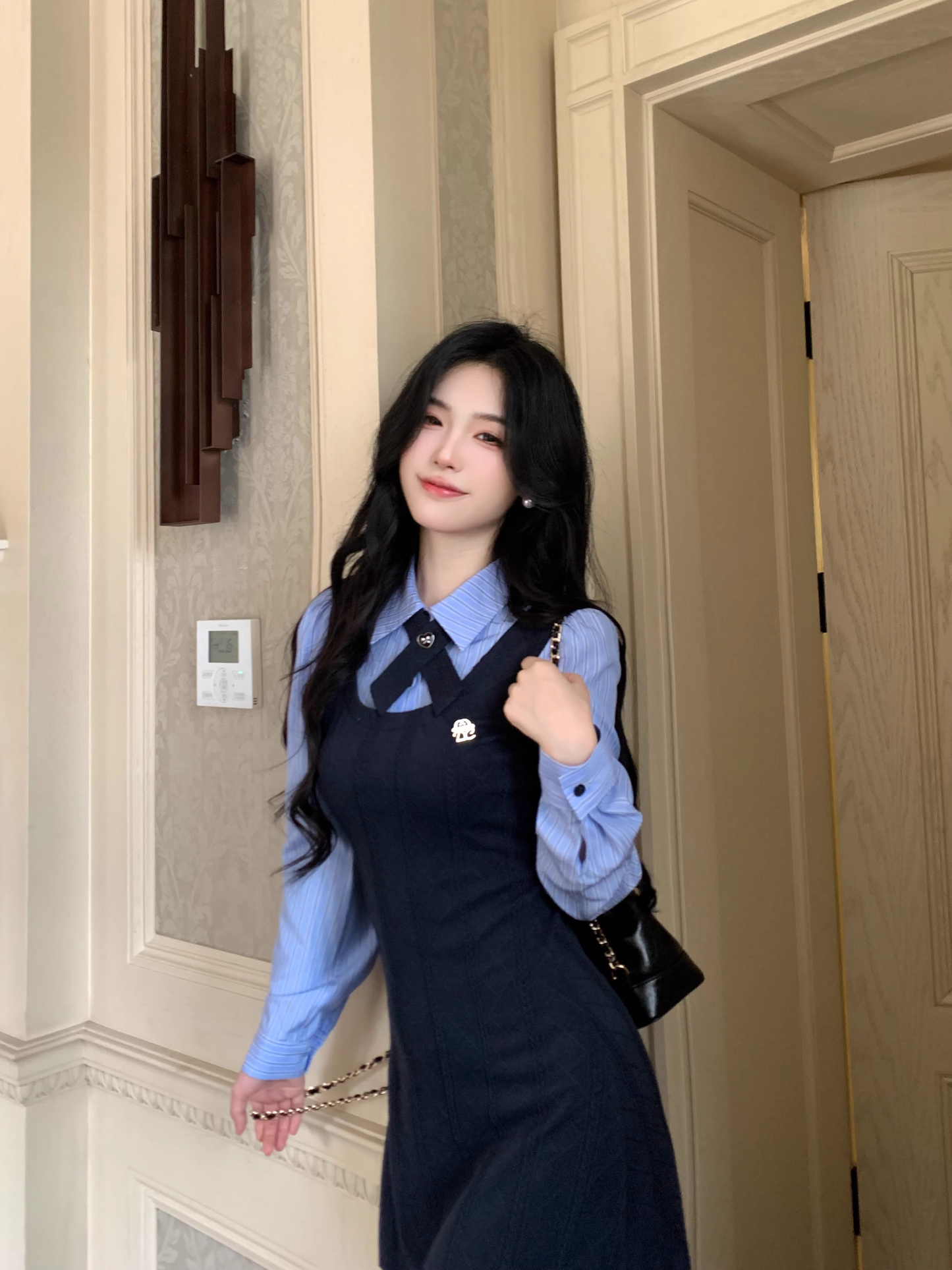 College Style Striped Shirt Fake Two Piece Dress Women's New YM2034