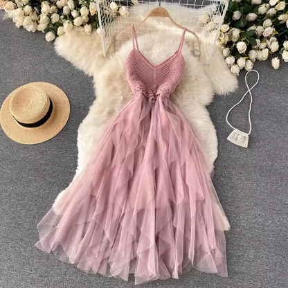 A-line V Neck Beach Dress with Irregular Tulle ,YM32
