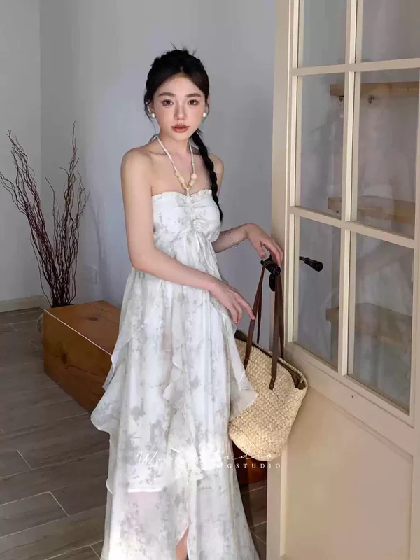 Bohemian White Chiffon Evening Dress Halter Prom Dress Party Gown Y7542