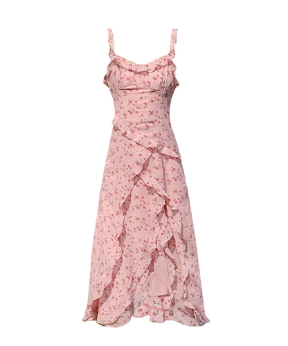 Beautiful Pink Floral Ruffles Long Holiday Dress Straps Vacation Dress YM2329