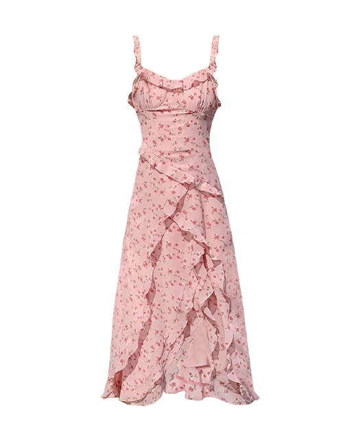 Beautiful Pink Floral Ruffles Long Holiday Dress Straps Vacation Dress YM2329