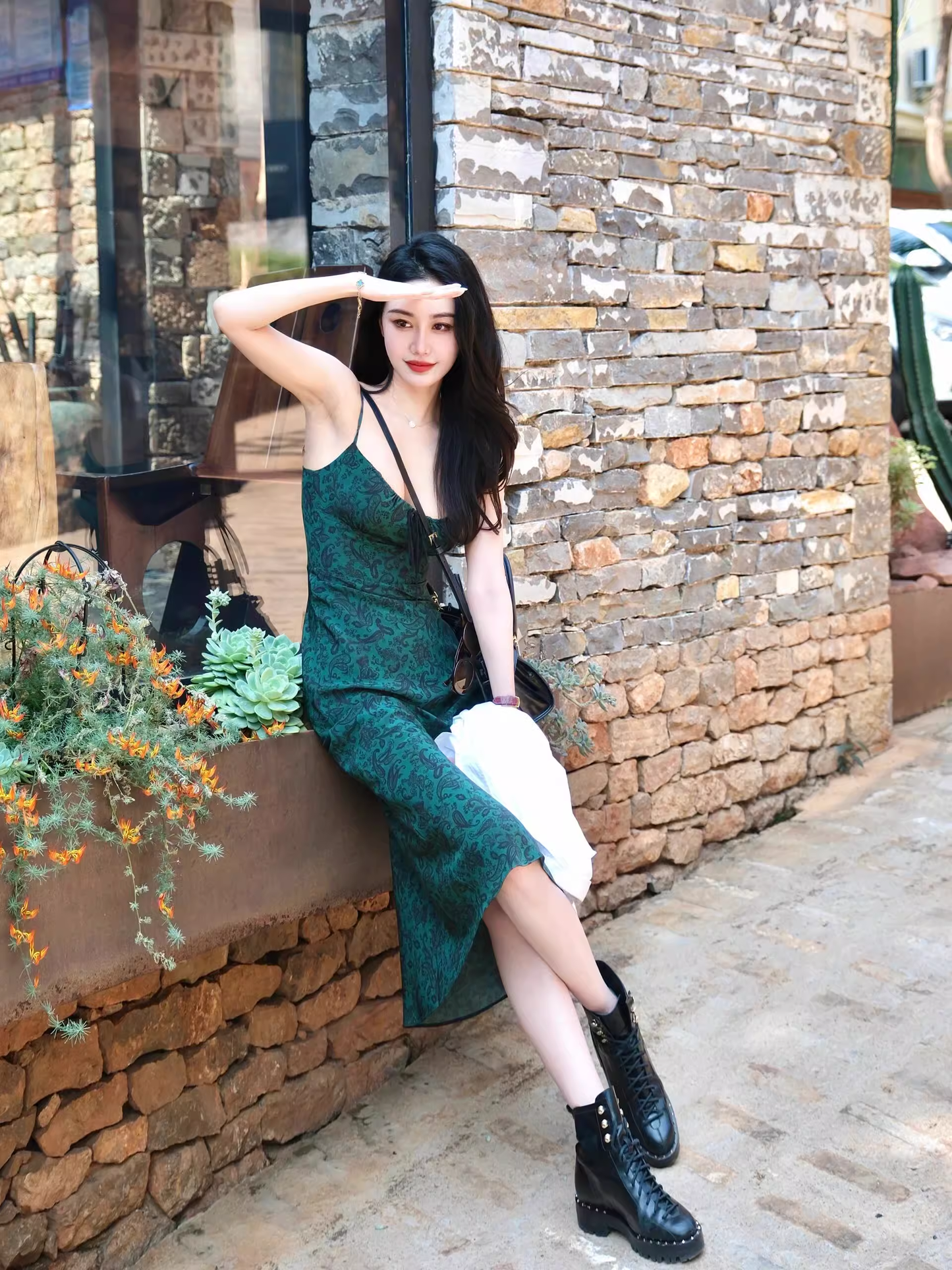 Green Suspender Party Dress Holiday Floral Dress YM1799