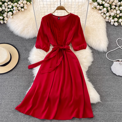 chic retro solid color ruffled mid-length square neck dress ,YM210
