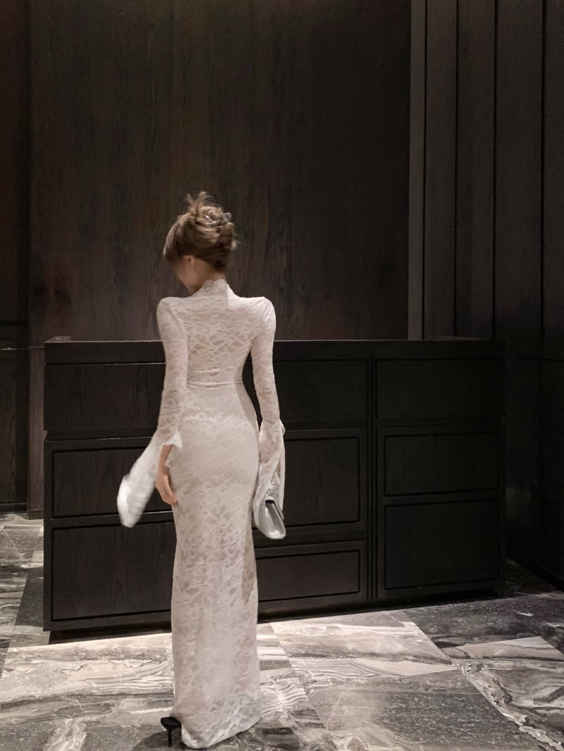 Sexy V-Neck Lace Long Sleeve Prom Dress Party Dress YM1818
