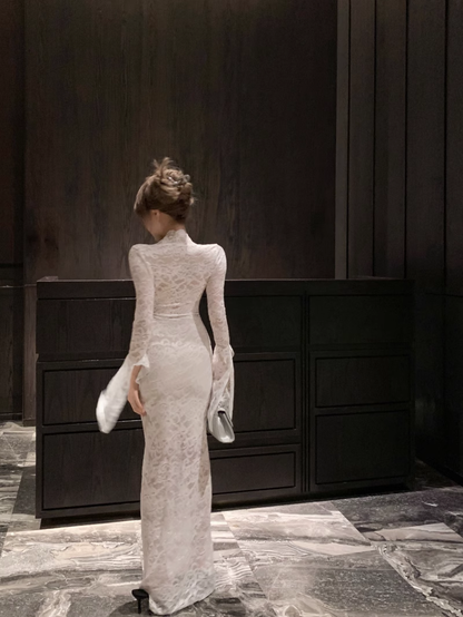 Sexy V-Neck Lace Long Sleeve Prom Dress Party Dress YM1818