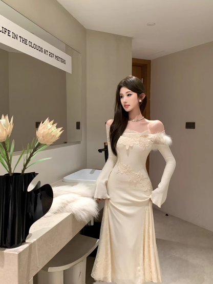 Women's new style one-shoulder long-sleeved dress with lace birthday dress YM1938