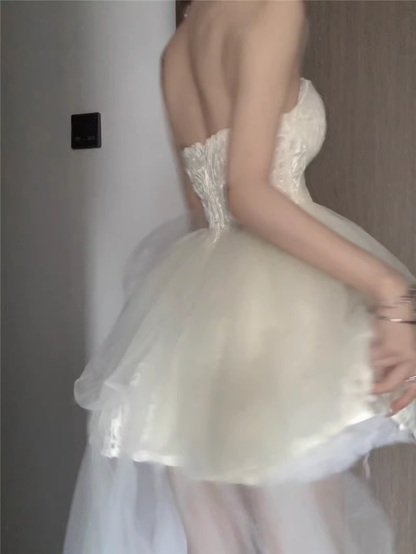 Sweet Lace Strapless Birthday Outfits White Tulle Party Dress YM1830