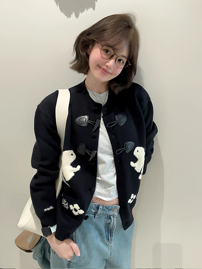 Black Retro Horn Button Rabbit Embroidered Cardigan Sweater YM2403