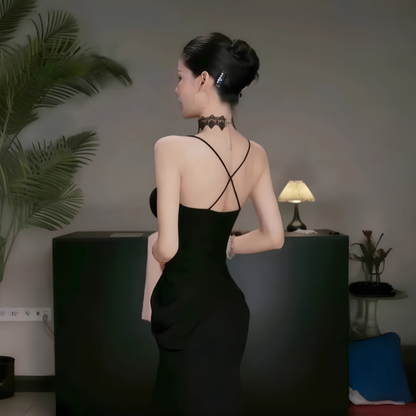 Black V-Neck Suspender Dress Sexy Hollow Lace Sheath Long Holiday Dress YM2256