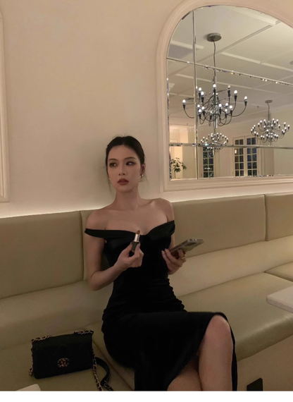Sexy black one shoulder dress birthday evening dress YM1927
