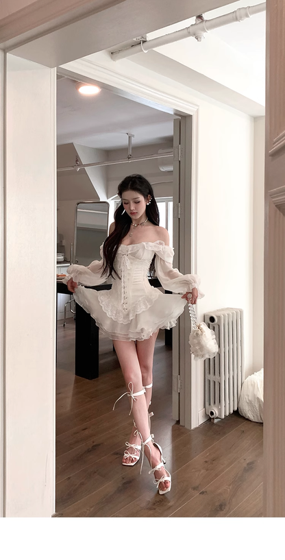 White Tulle Lace Prom Princess Dress With Puff Sleeves YM1976