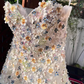 Classy White Tulle Flower A Line Long Birthday Dress Party Dress YM2143