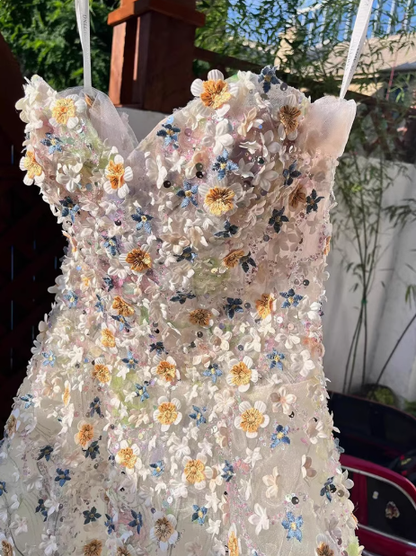 Classy White Tulle Flower A Line Long Birthday Dress Party Dress YM2143