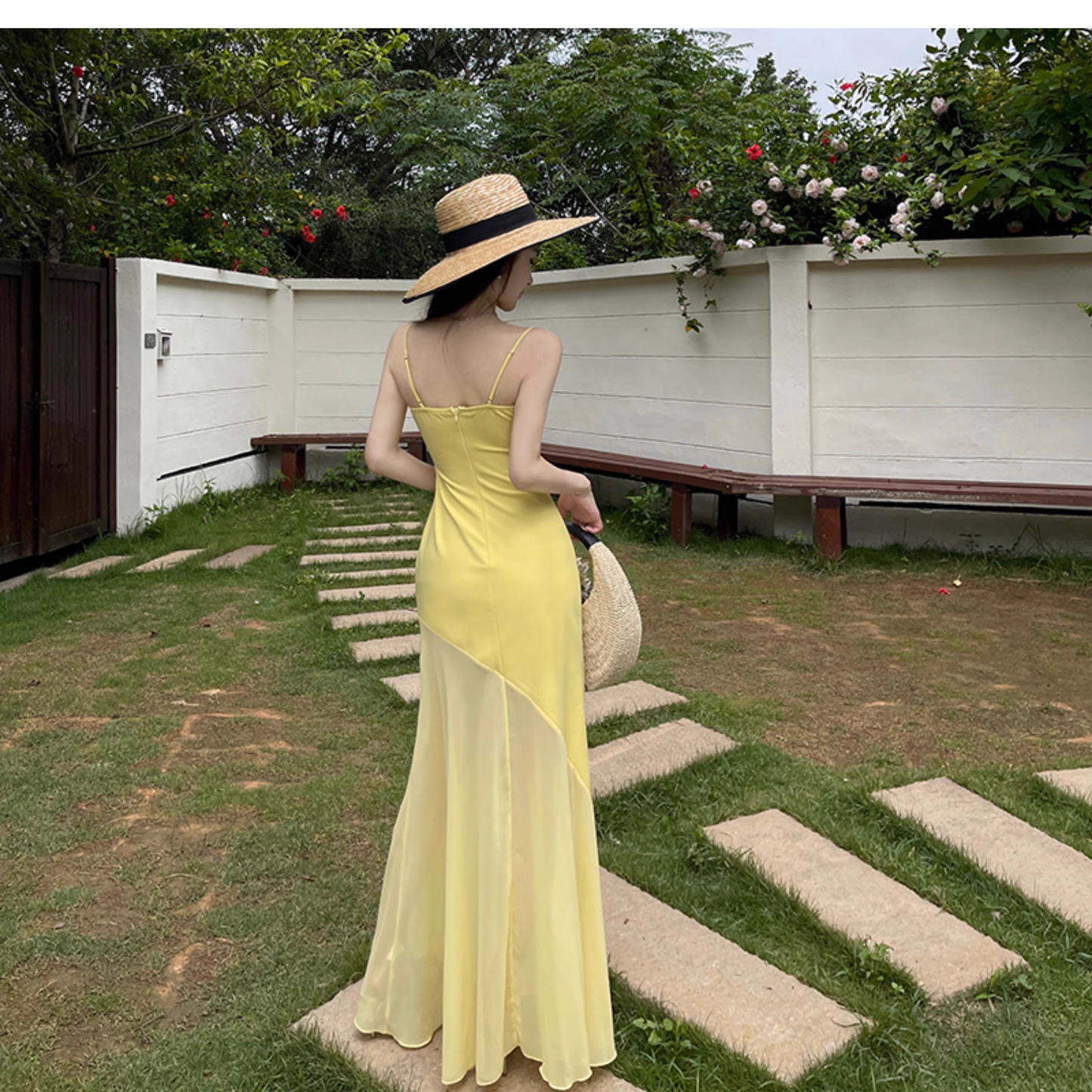 Sweet Spaghetti Straps Yellow Mermaid Long Vacation Dress Seaside Holiday Dress YM2250