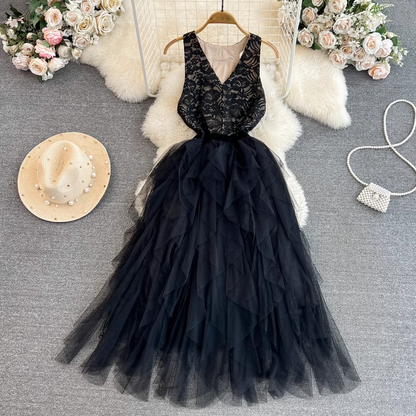 Sleeveless V-neck lace stitching a-line mesh dress elegant maxi dress YM300