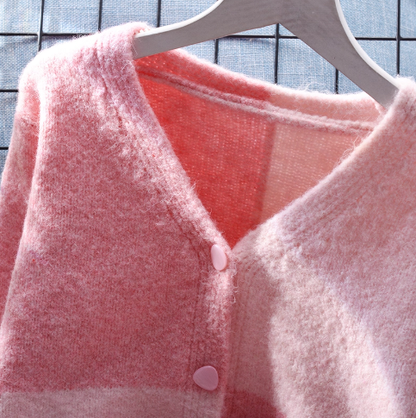 Pink V-neck Contrasting Sweater Jacket Short Women's Knitted Cardigan YM2377