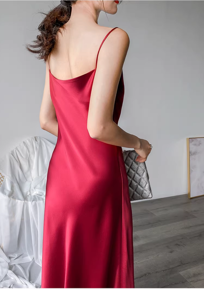 Burgundy Spaghetti Straps Satin Long Birthday Party Dress YM2442