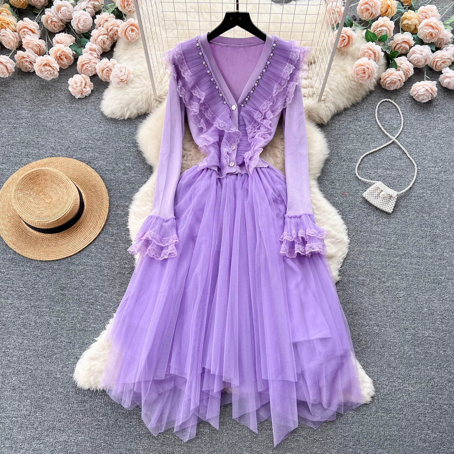 V-neck knitted splicing mesh fluffy irregular dress for women YM429
