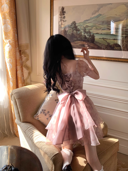 Sweet Pink Princess Organza Splicing Tie Waist Printed Puffy Prom Dress Birthday Party Dress YM2046
