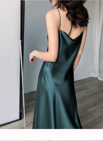 Elegant Dark Green Spaghetti Straps Satin Long Party Dress Holiday Dress YM2437