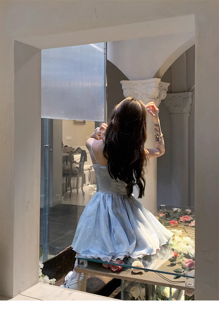 Blue Spaghetti Straps Birthday Party Dress YM1971