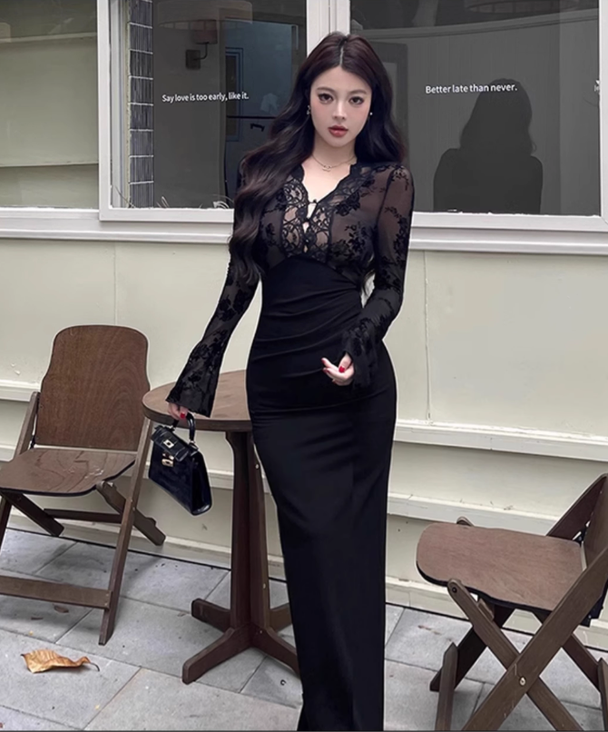 Sexy Black Lace Long Sleeveless Slit Long Holiday Dress Birthday Dress YM2243