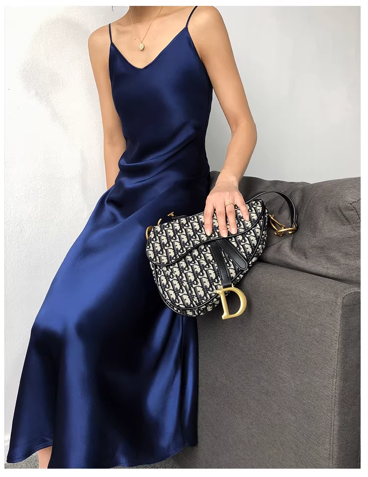 Fashion Spaghetti Straps V Neck Navy Blue Satin Mermaid Long Birthday Party Dress YM2432